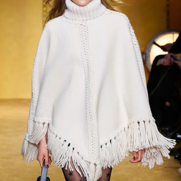 EUC Zimmermann Ladybeetle Wool Poncho Size 1 fringe Knitted Top Beige White - Picture 1 of 8